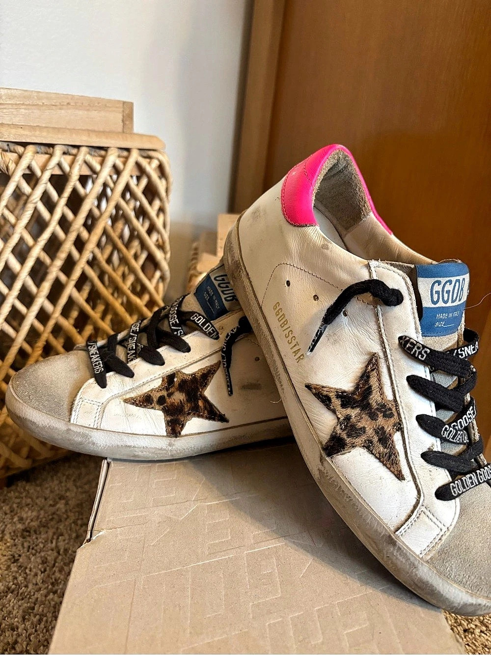 Golden Goose Super-Star Sneakers with Leopard Star and Hot Pink Heel Tab